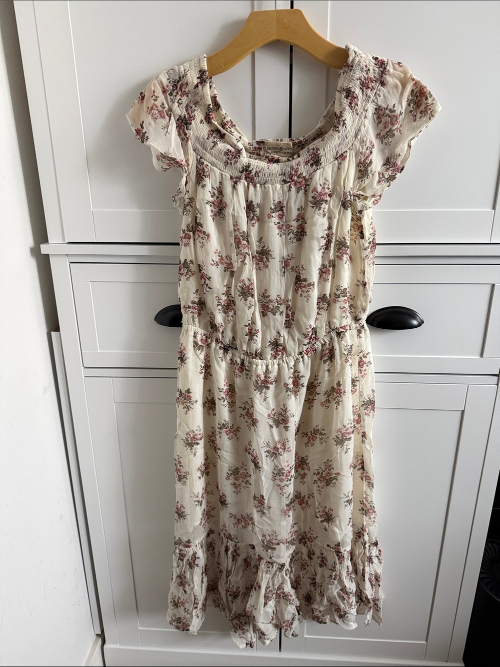 Ralph Lauren Denim & Supply Cream Floral Midi Dress with Pink Rose Print
